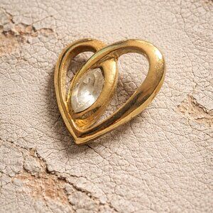 Gold Tone Marquise Diamond Rhinestone Vintage Heart Lapel Pin